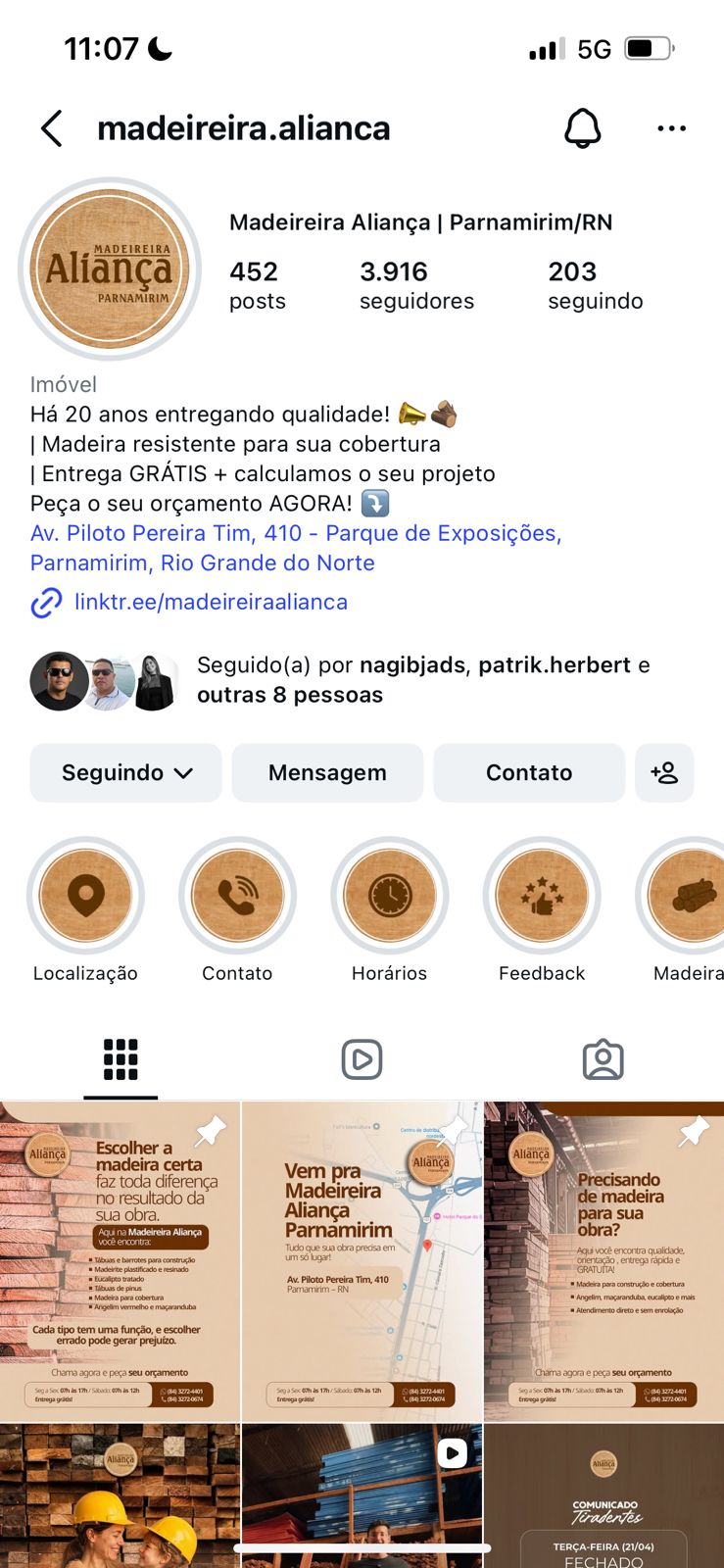 Perfil do Instagram da Madeireira Aliança